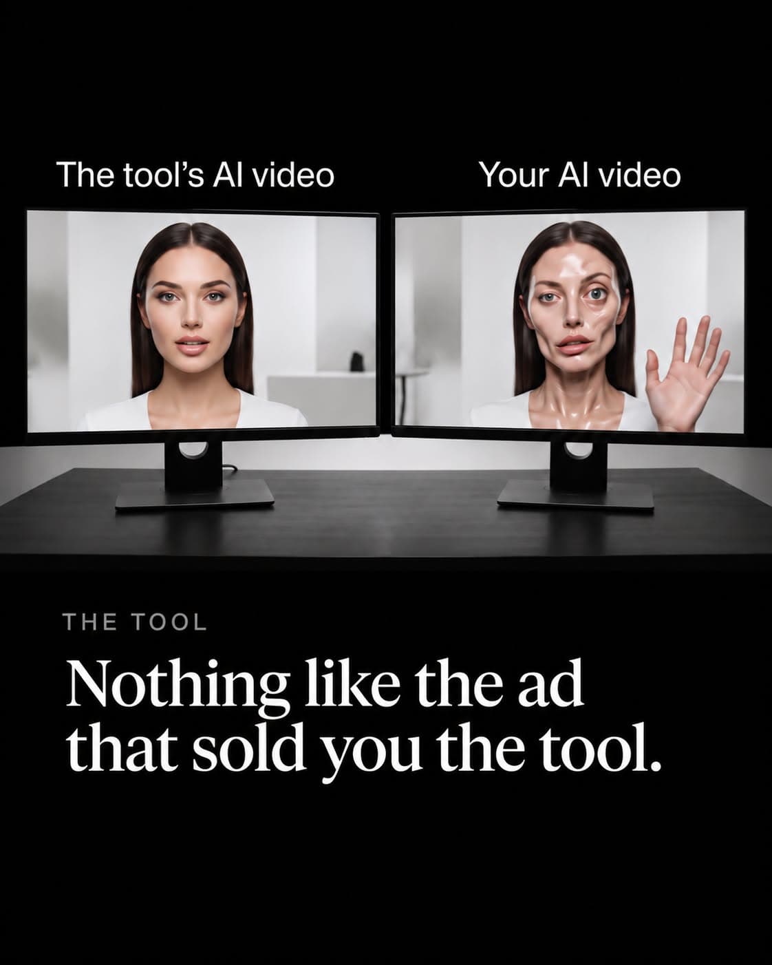 Two monitors compare ‘The tool’s AI video’, with a polished presenter, and ‘Your AI video’, with a distorted face and hand.