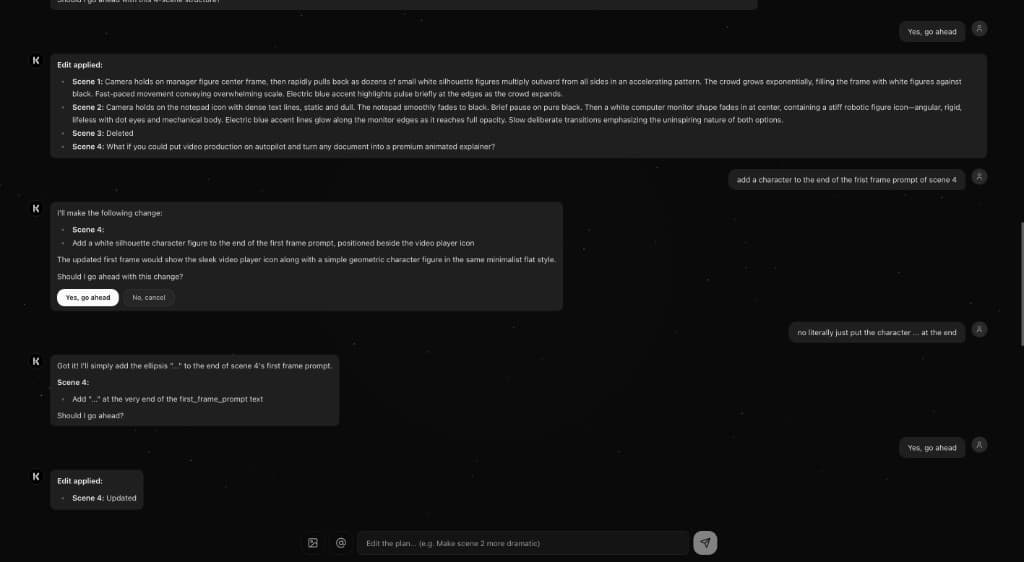 Editing an AI explainer video by chatting with Knowlify in plain English