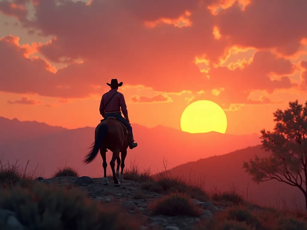 a cowboy on a ridge at magic hour, dust, one tree, octane 3D render, subsurface, chrome accents, no text, no watermark, generated with FLUX.1 [dev] on Knowlify