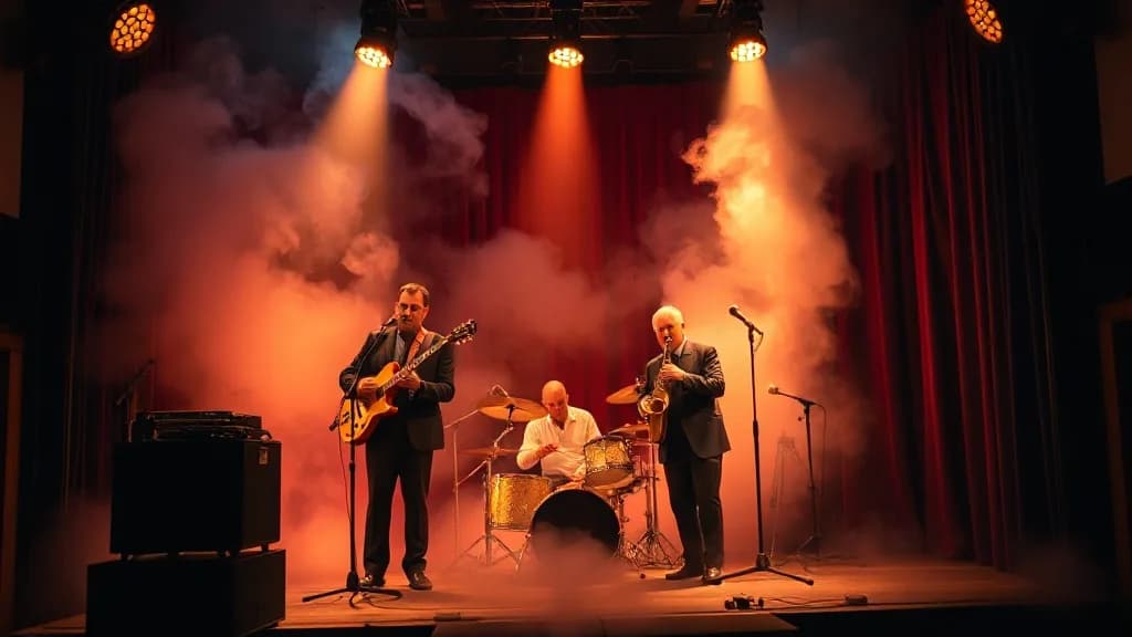 a jazz trio on a tiny stage, smoke, warm spotlights, photoreal photograph, 85mm, natural light, no text, no watermark, no logo, no UI, illustrative preview for the FLUX.1 Kontext [pro] generator on Knowlify