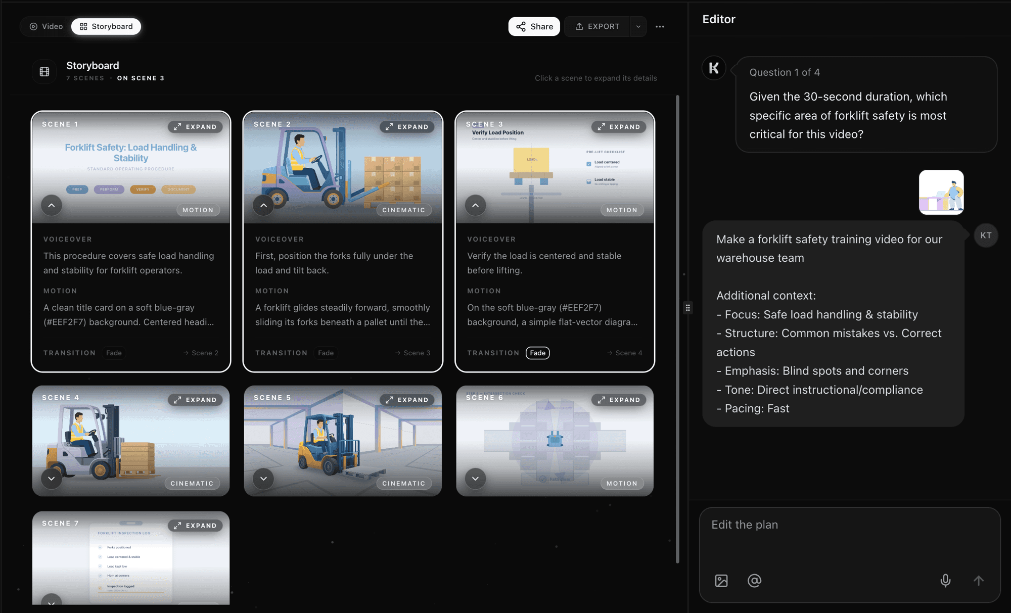 Storyboard viewer showing voiceover, first frame, and motion prompts for each training scene