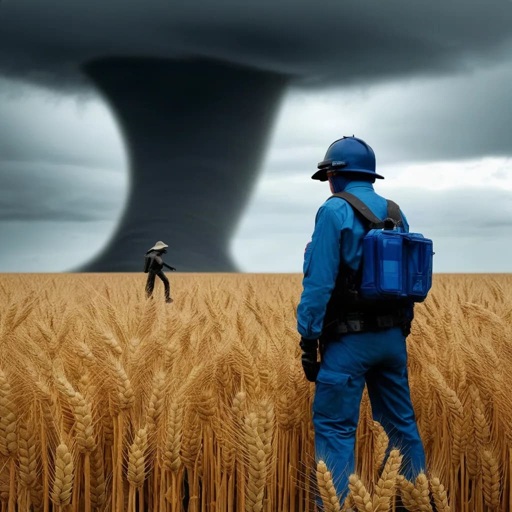 a storm chaser facing a tornado, wheat field, tiny figure, macro, extreme detail, f/1.4, no text, no watermark, no logo, generated with Aura Flow on Knowlify