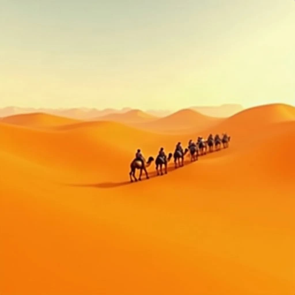 a camel caravan crossing orange dunes, long shadows, octane 3D render, subsurface, chrome accents, no text, no watermark, generated with Bagel on Knowlify