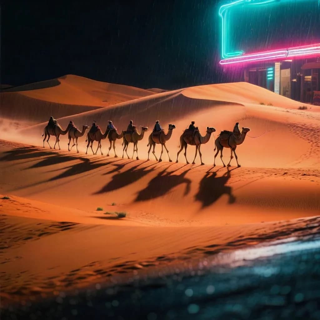a camel caravan crossing orange dunes, long shadows, night street photography, neon, rain, grain, no text, no watermark, generated with Bitdance on Knowlify