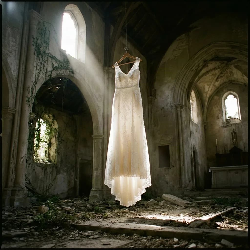 a wedding dress hanging in a ruined chapel, one shaft of light, National Geographic still, low angle, weather, no text, no watermark, generated with Boogu Image on Knowlify