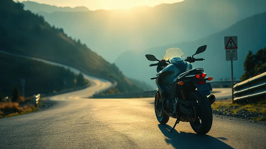 a motorcycle parked on a mountain switchback, dusk, long shadows, fashion film still, anamorphic, teal and gold, no text, no watermark, illustrative preview for the Bria Reimagine generator on Knowlify