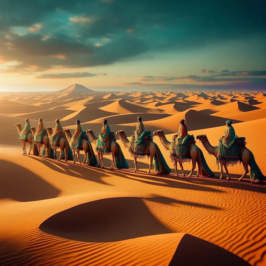a camel caravan crossing orange dunes, long shadows, fashion film still, anamorphic, teal and gold, no text, no watermark, generated with Bria on Knowlify