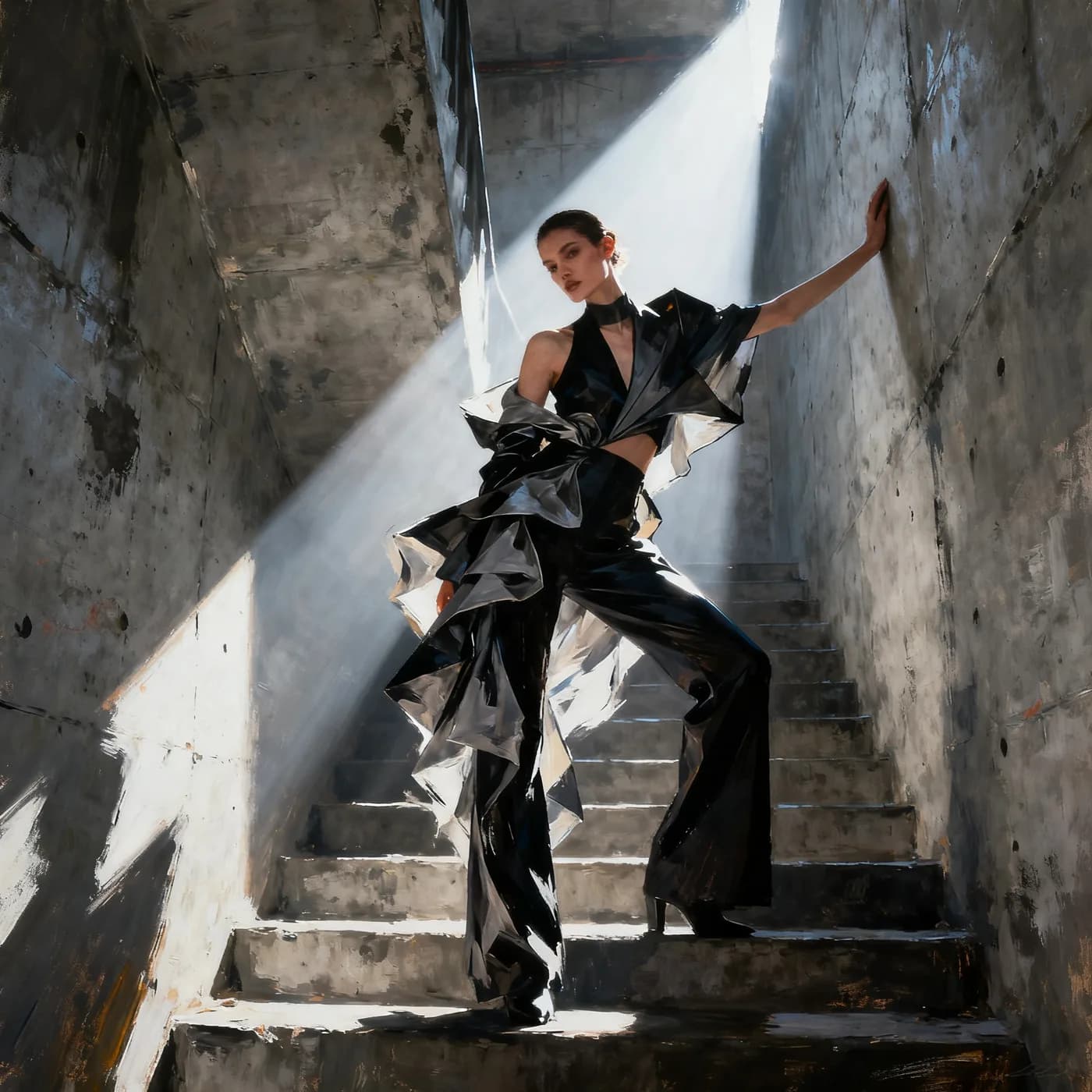 a fashion portrait in a concrete stairwell, hard flash, painterly concept art, volumetric light, no text, no watermark, no UI, generated with Bytedance Image on Knowlify