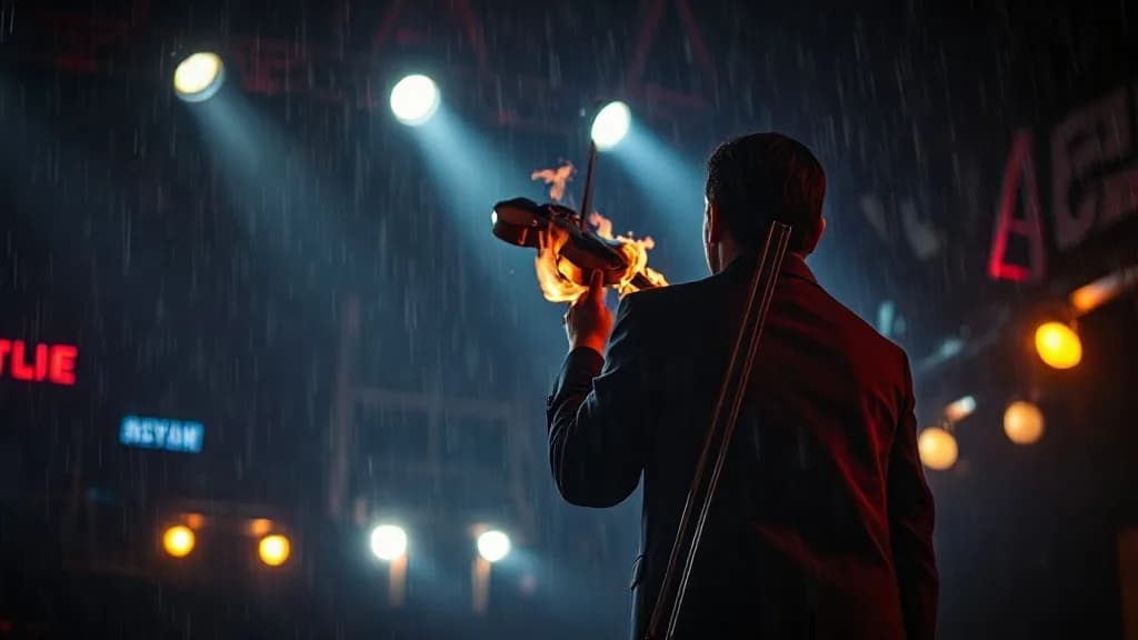 a violin on fire on a dark stage, the player unharmed, night street photography, neon, rain, grain, no text, no watermark, illustrative preview for the Cat Vton generator on Knowlify