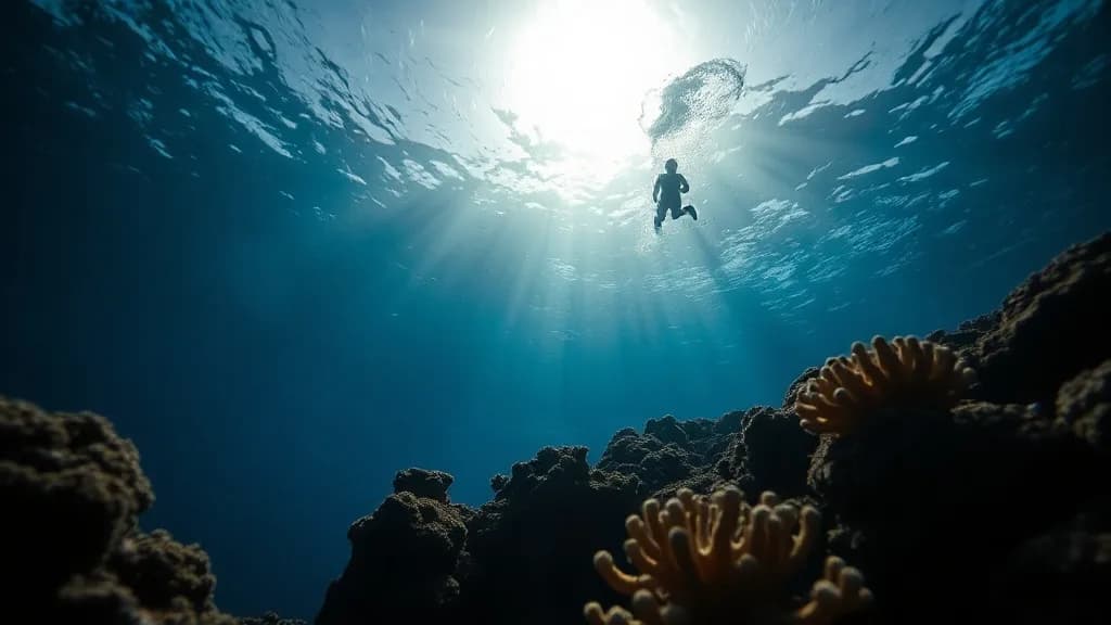 a coral reef seen from below, a swimmer silhouette against the sun, National Geographic still, low angle, weather, no text, no watermark, illustrative preview for the Clarity Upscaler generator on Knowlify