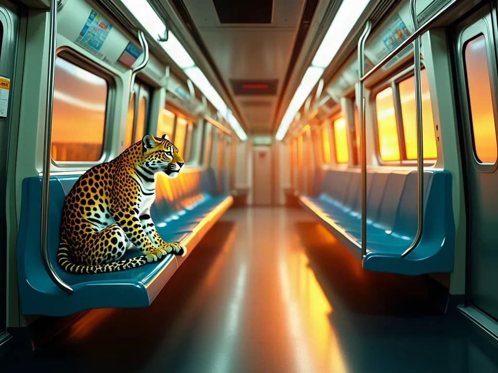 a subway car empty except for a leopard on a bench, fluorescent light, IMAX aerial still, golden hour, huge scale, no text, no watermark, generated with Cogview4 on Knowlify