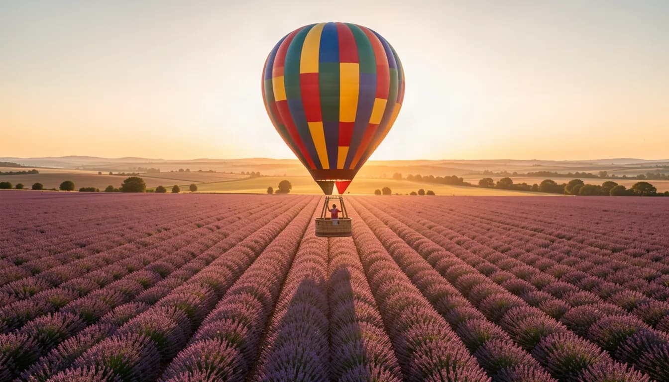a hot air balloon just lifting from a lavender field, IMAX aerial still, golden hour, huge scale, no text, no watermark, generated with Control Light on Knowlify