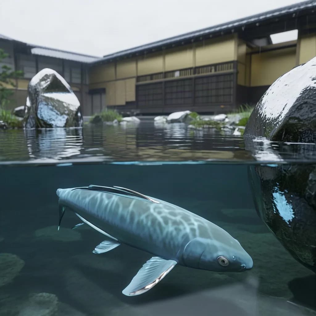 koi just under the surface of a Kyoto pond after rain, octane 3D render, subsurface, chrome accents, no text, no watermark, generated with Cosmos 3 Super on Knowlify