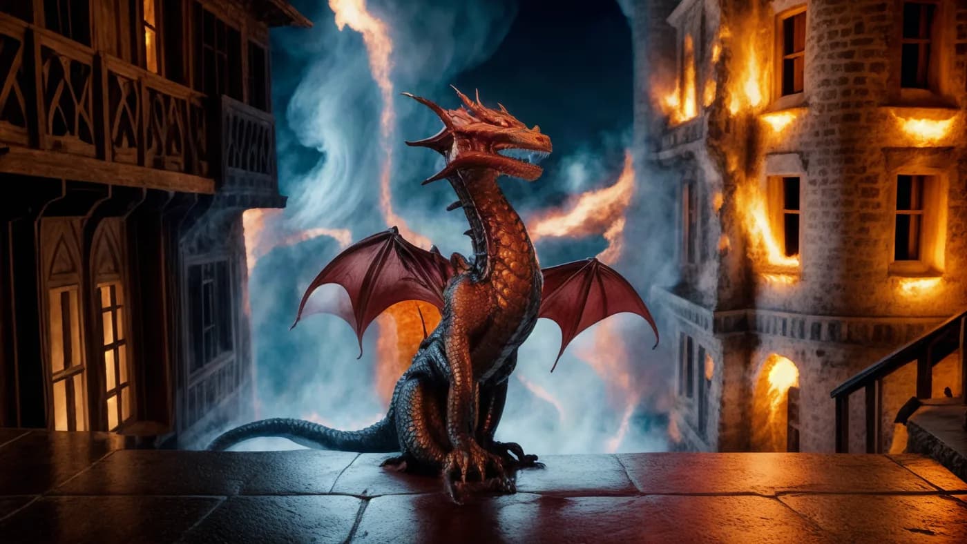 a dragon coiled on a burning castle keep, embers in the wind, hard-flash editorial, Kodak portra, sharp, no text, no watermark, no logo, generated with Creative Upscaler on Knowlify