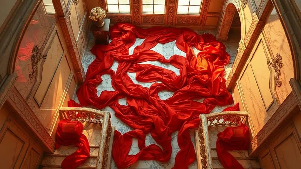 a marble staircase flooded with red silk, fashion still, IMAX aerial still, golden hour, huge scale, no text, no watermark, illustrative preview for the Dreamomni2 Edit generator on Knowlify