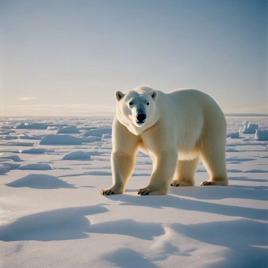 a polar bear on pack ice, low sun, vast sky, hard-flash editorial, Kodak portra, sharp, no text, no watermark, no logo, generated with Dreamshaper on Knowlify