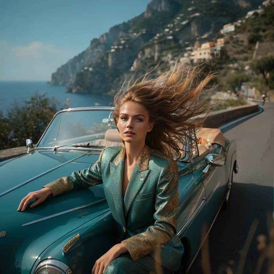 a vintage convertible on the Amalfi coast, hair in the wind, fashion film still, anamorphic, teal and gold, no text, no watermark, generated with Emu 3.5 on Knowlify