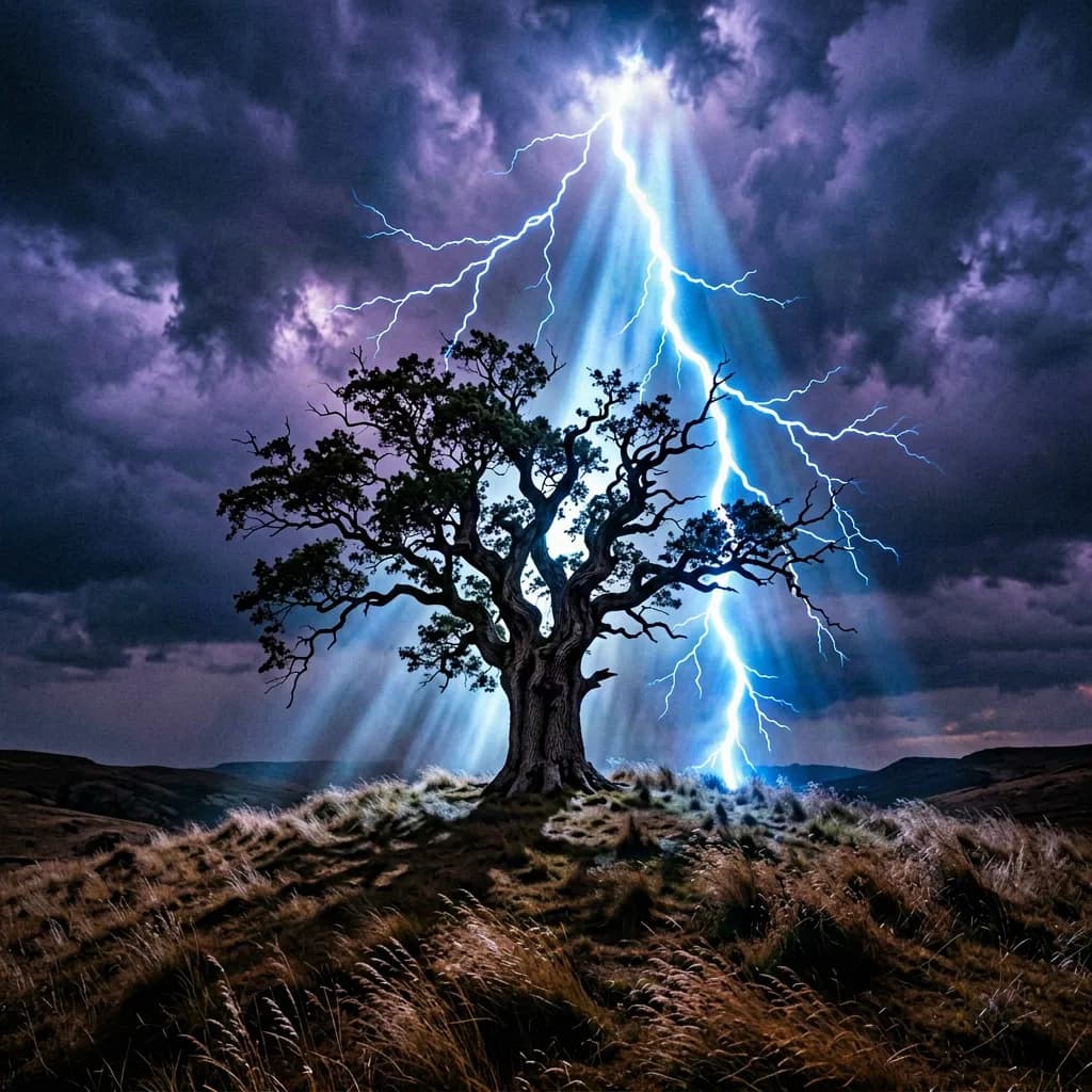 a lightning strike behind a lone oak on a hill, painterly concept art, volumetric light, no text, no watermark, no UI, generated with Ernie Image Lora on Knowlify