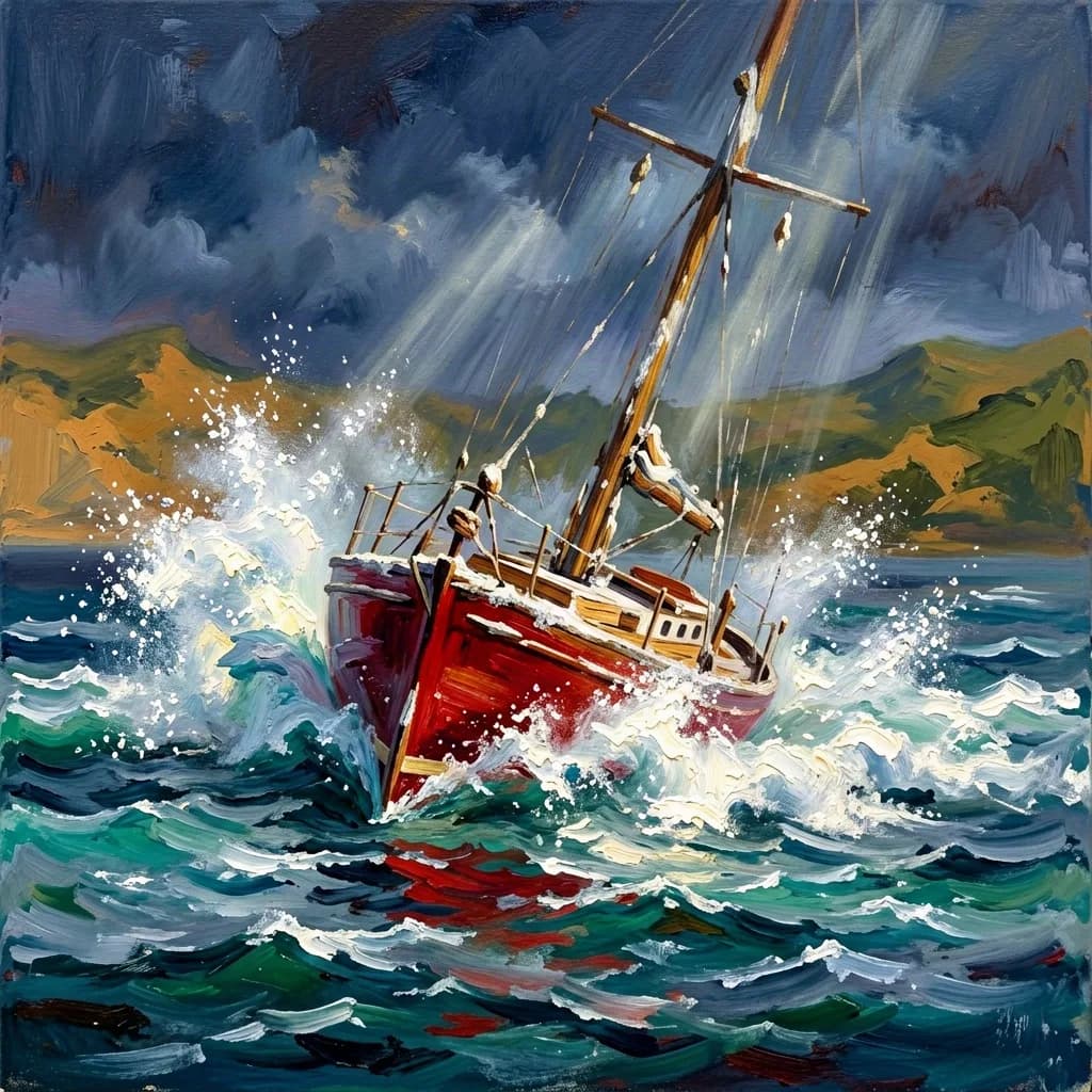 a sailboat heeling hard in bright wind, spray, Mediterranean coast, painterly concept art, volumetric light, no text, no watermark, no UI, generated with Ernie on Knowlify