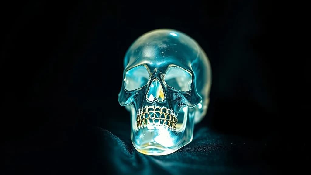a crystal skull on black velvet, one hard key light, fashion film still, anamorphic, teal and gold, no text, no watermark, illustrative preview for the Extract Object generator on Knowlify