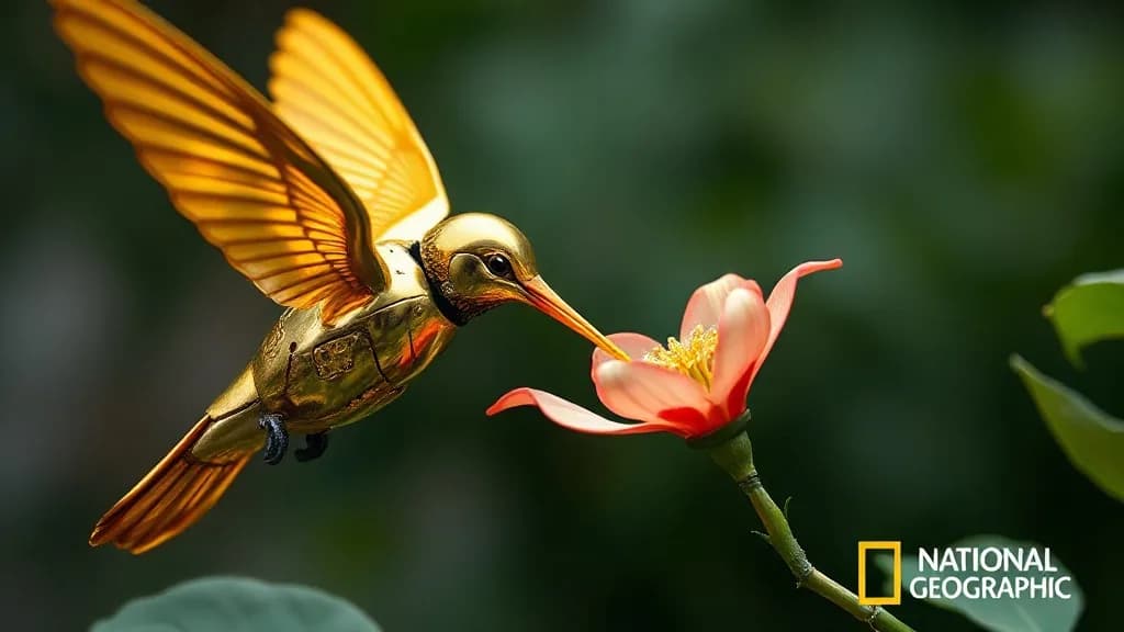a gold mechanical hummingbird drinking from a glass flower, National Geographic still, low angle, weather, no text, no watermark, illustrative preview for the Fashn generator on Knowlify