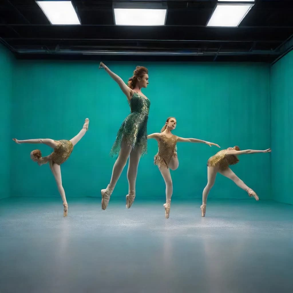 a ballet company frozen mid-jump, black box theater, fashion film still, anamorphic, teal and gold, no text, no watermark, generated with Fast Lcm Diffusion on Knowlify