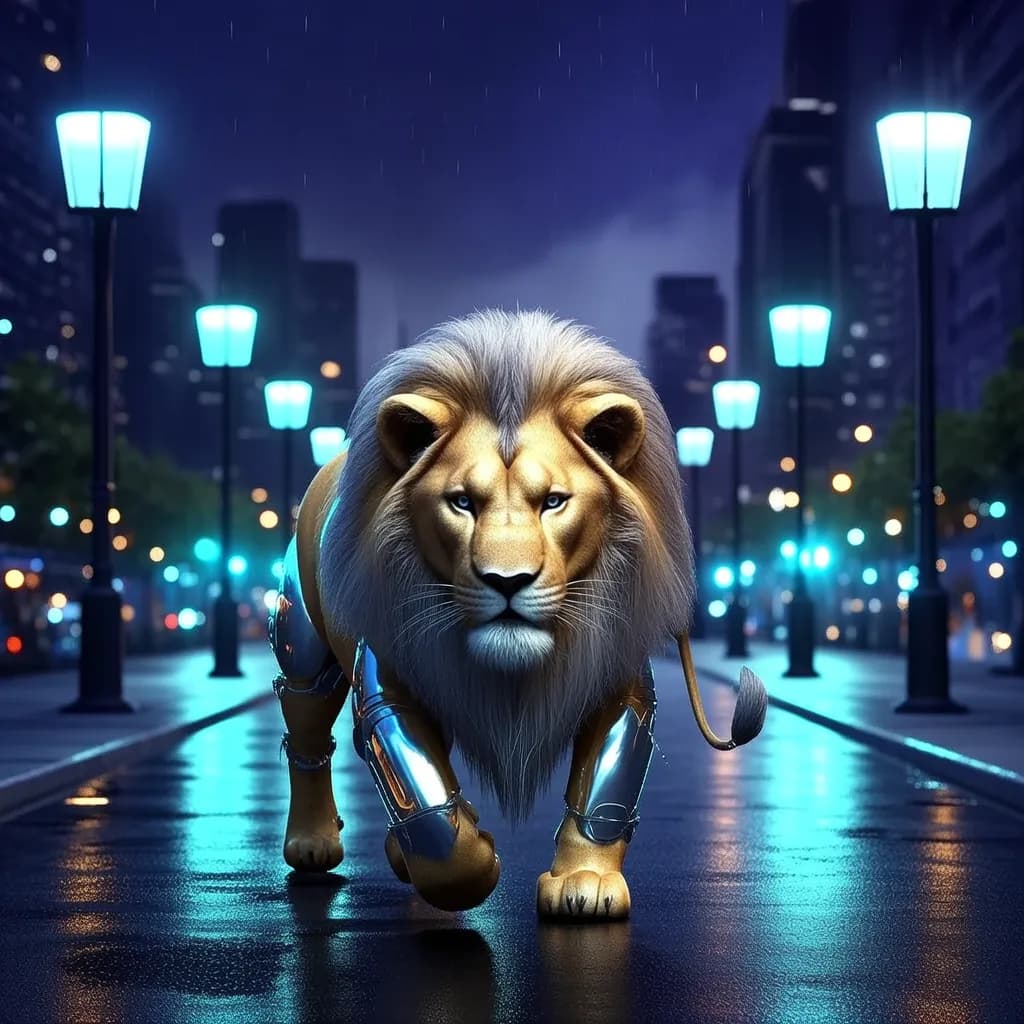 a lion walking down an empty midnight boulevard, octane 3D render, subsurface, chrome accents, no text, no watermark, generated with Fibo Bbq Preview Generate on Knowlify