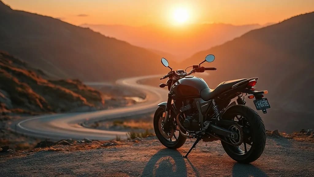 a motorcycle parked on a mountain switchback, dusk, long shadows, painterly concept art, volumetric light, no text, no watermark, no UI, illustrative preview for the Fibo Edit generator on Knowlify