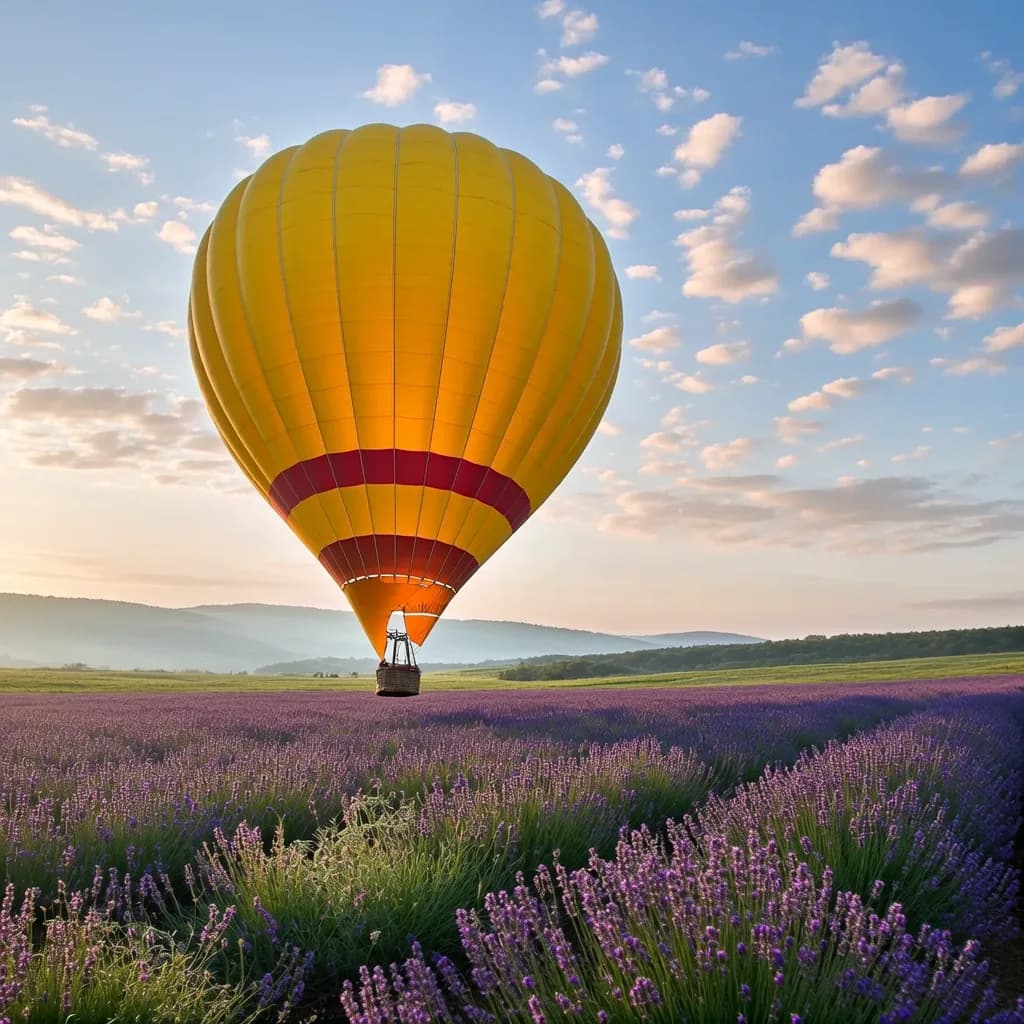 a hot air balloon just lifting from a lavender field, National Geographic still, low angle, weather, no text, no watermark, generated with Fibo Generate on Knowlify
