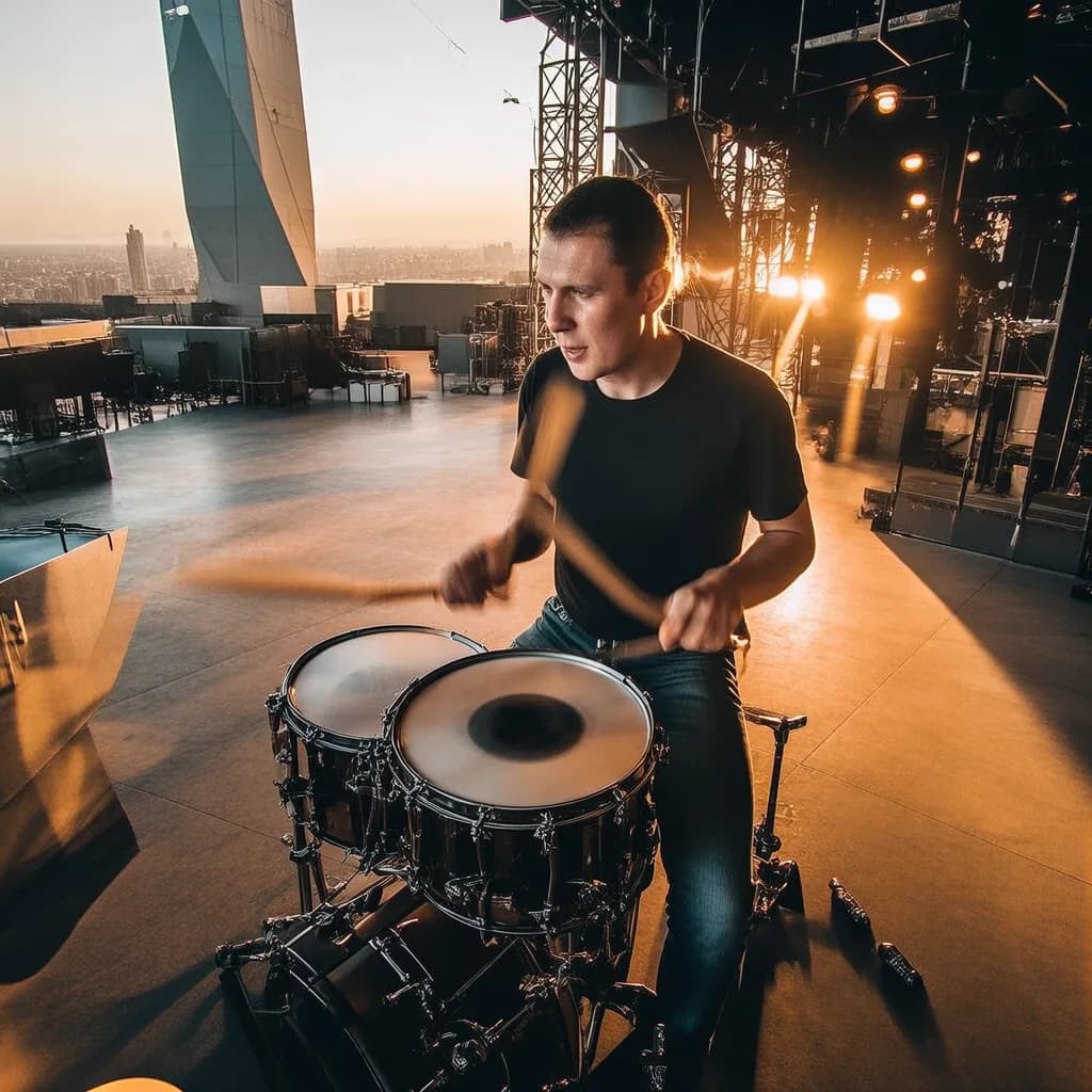 a drummer mid-hit, sticks blurred, sweat, club light, IMAX aerial still, golden hour, huge scale, no text, no watermark, generated with Fibo Lite Generate on Knowlify
