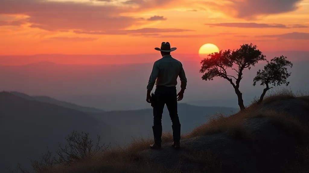 a cowboy on a ridge at magic hour, dust, one tree, painterly concept art, volumetric light, no text, no watermark, no UI, illustrative preview for the Finegrain generator on Knowlify