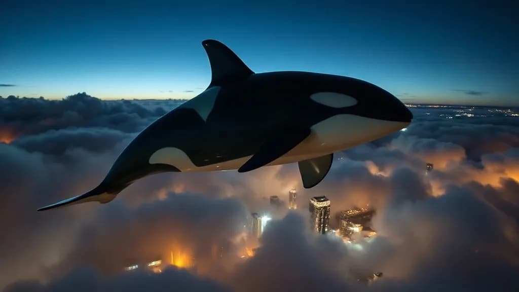 a glass orca leaping through clouds above a night city, hard-flash editorial, Kodak portra, sharp, no text, no watermark, no logo, illustrative preview for the Firered Image Edit 1.1 generator on Knowlify