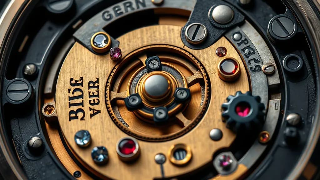 a watch movement macro, jewels, oil, black background, macro, extreme detail, f/1.4, no text, no watermark, no logo, illustrative preview for the Firered Image Edit generator on Knowlify