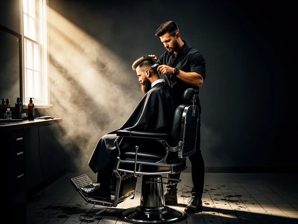 a barber cutting hair in a steam-filled shop, hard window light, dark studio product, one hard key, glossy, no text, no watermark, generated with Flex on Knowlify