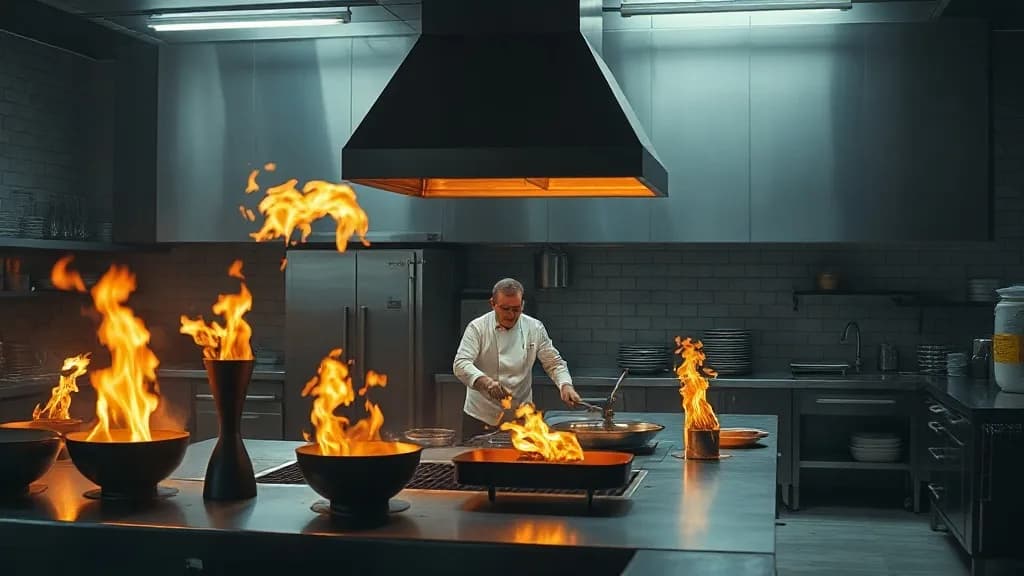 a steel kitchen at service, flames, a chef in motion, IMAX aerial still, golden hour, huge scale, no text, no watermark, illustrative preview for the Flowedit generator on Knowlify