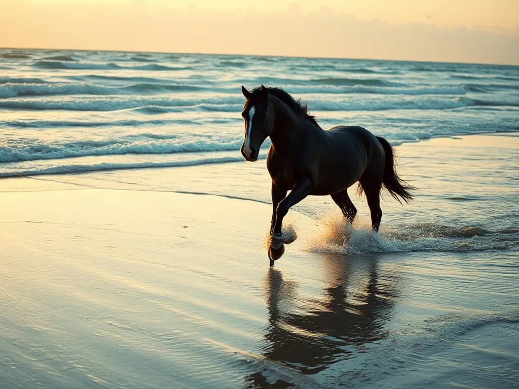 a black horse running through shallow surf at dawn, long lens, fashion film still, anamorphic, teal and gold, no text, no watermark, generated with Flux 1 on Knowlify