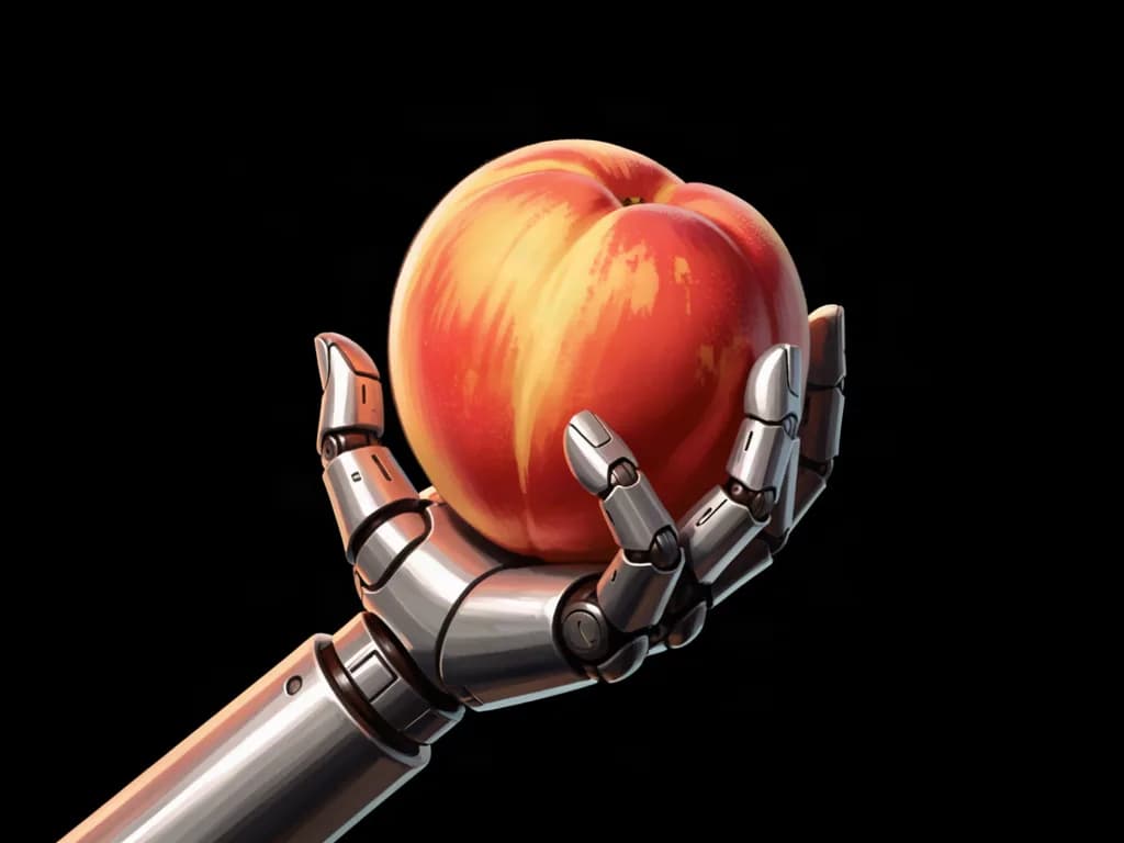 a robot hand holding a ripe peach, studio, black background, painterly concept art, volumetric light, no text, no watermark, no UI, generated with Flux 2 Klein Lora on Knowlify