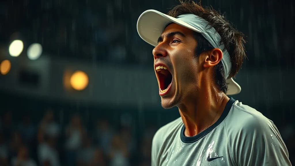 a rain-soaked tennis player screaming a point, night match, photoreal photograph, 85mm, natural light, no text, no watermark, no logo, no UI, illustrative preview for the Flux 2 Klein generator on Knowlify