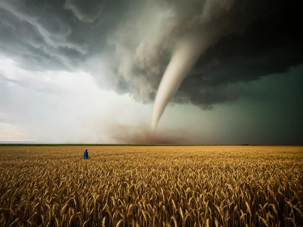 a storm chaser facing a tornado, wheat field, tiny figure, hard-flash editorial, Kodak portra, sharp, no text, no watermark, no logo, generated with Flux 2 Lora Gallery on Knowlify