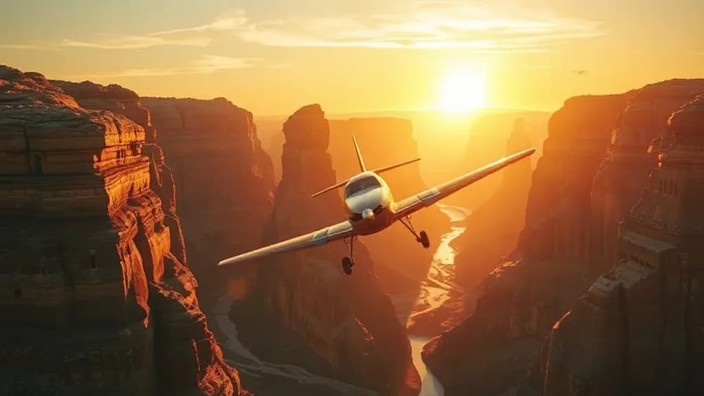a biplane flying through a canyon at sunrise, wingtip close, painterly concept art, volumetric light, no text, no watermark, no UI, illustrative preview for the Flux 2 Max Edit generator on Knowlify