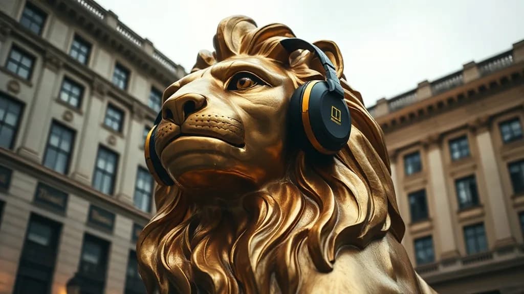 a gold lion statue wearing headphones, product-absurd still, National Geographic still, low angle, weather, no text, no watermark, illustrative preview for the Flux 2 Max generator on Knowlify