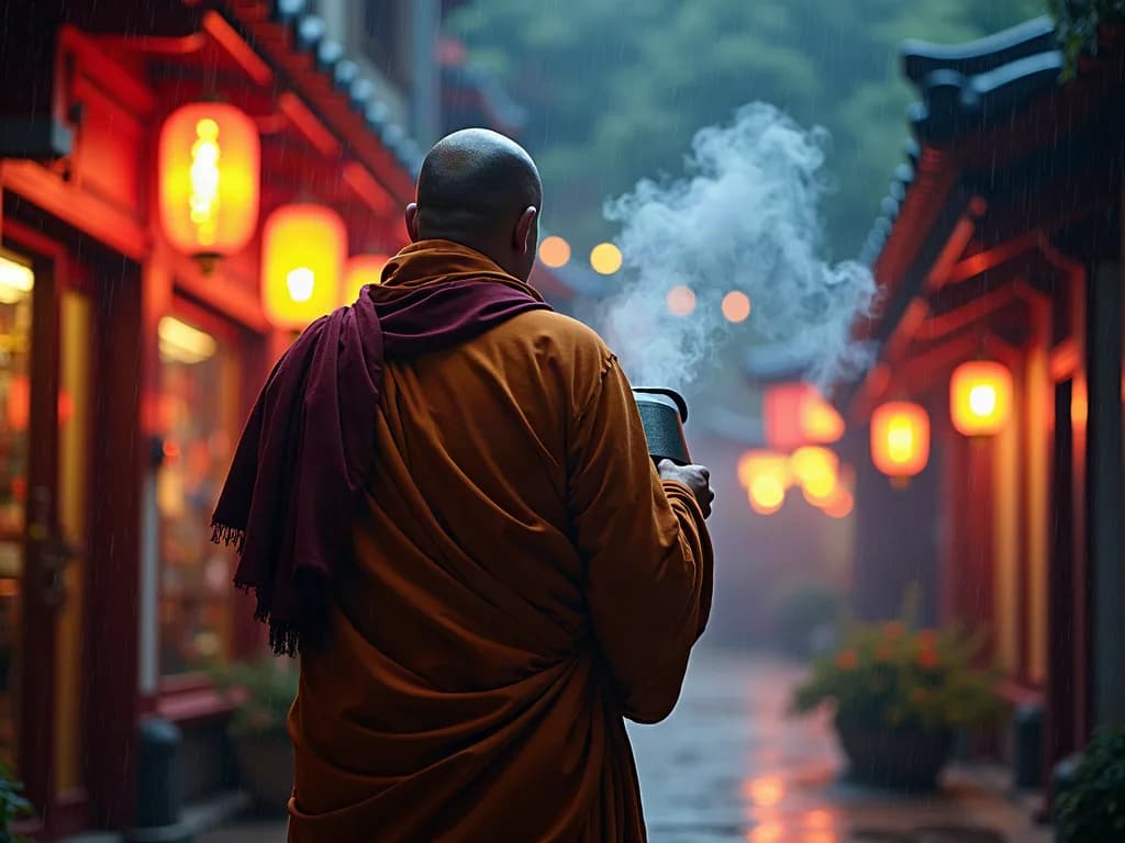 a monk ringing a giant bronze bell, incense smoke, night street photography, neon, rain, grain, no text, no watermark, generated with Flux General on Knowlify