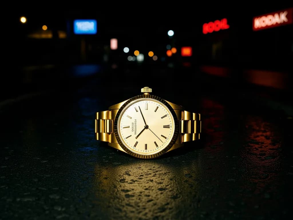 a gold Rolex on wet asphalt, night, neon reflections, hard-flash editorial, Kodak portra, sharp, no text, no watermark, no logo, generated with Flux Kontext Lora on Knowlify