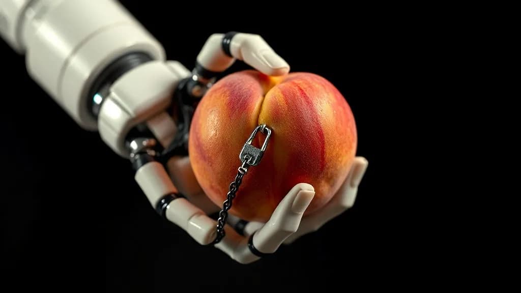a robot hand holding a ripe peach, studio, black background, hard-flash editorial, Kodak portra, sharp, no text, no watermark, no logo, illustrative preview for the Flux Krea Lora Stream generator on Knowlify