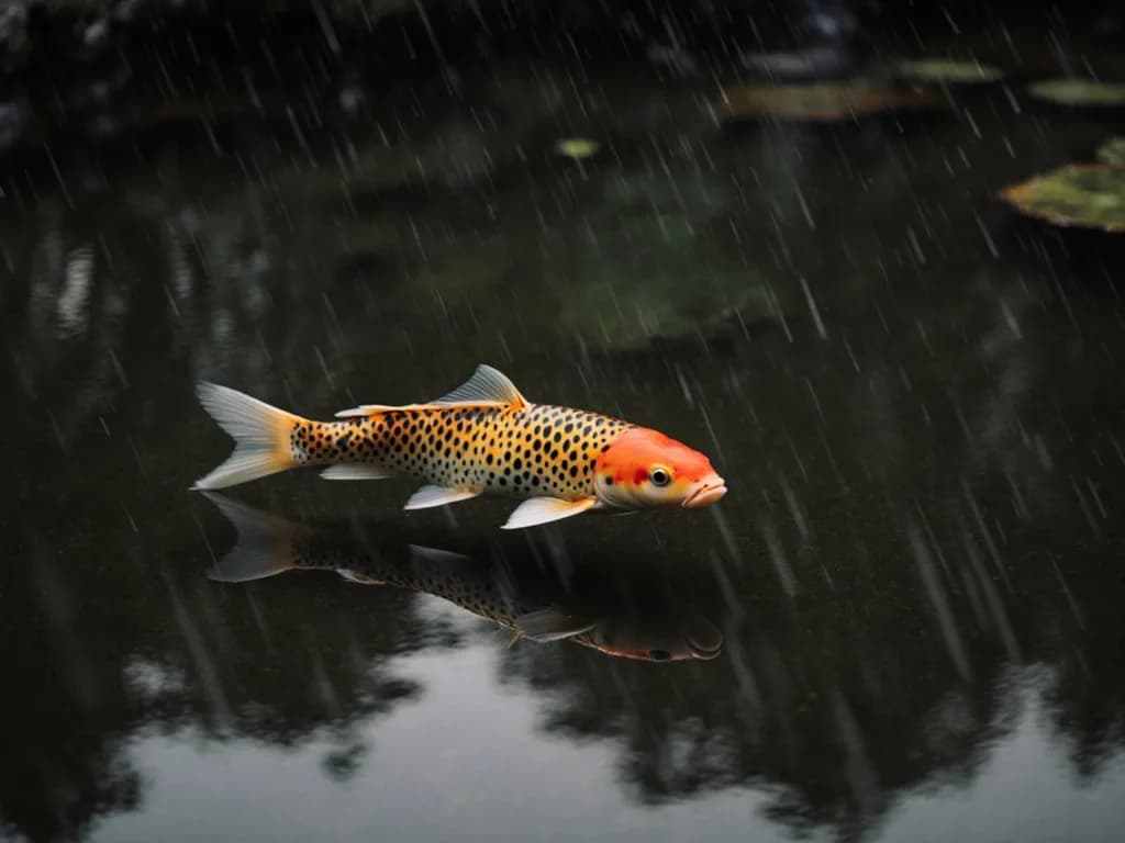 koi just under the surface of a Kyoto pond after rain, photoreal photograph, 85mm, natural light, no text, no watermark, no logo, no UI, generated with Flux Krea Lora on Knowlify