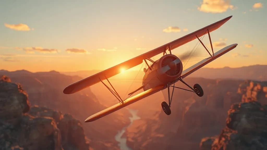 a biplane flying through a canyon at sunrise, wingtip close, octane 3D render, subsurface, chrome accents, no text, no watermark, illustrative preview for the Flux Lora Fill generator on Knowlify