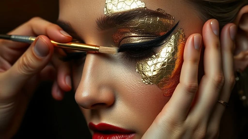 a makeup artist painting gold leaf on a model, close-up, dark studio product, one hard key, glossy, no text, no watermark, illustrative preview for the Flux Lora Stream generator on Knowlify