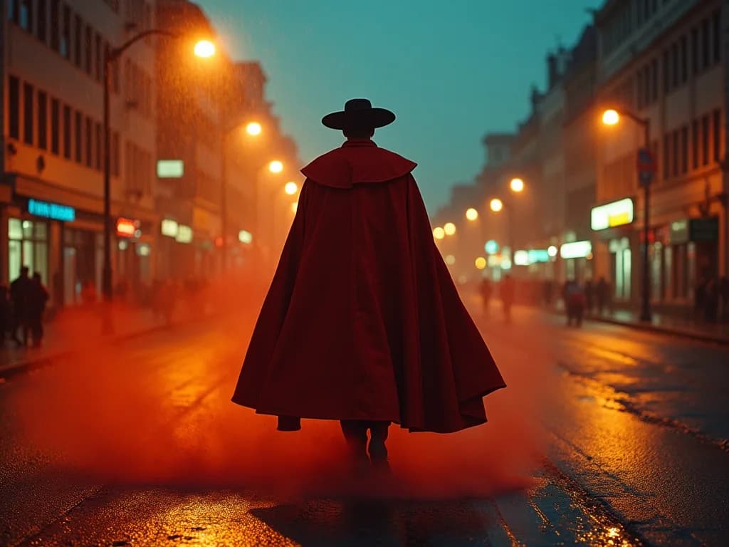 a bullfighter cape mid-sweep, dust, late sun, night street photography, neon, rain, grain, no text, no watermark, generated with Flux Lora on Knowlify