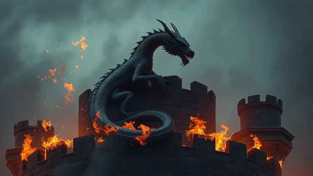 a dragon coiled on a burning castle keep, embers in the wind, photoreal photograph, 85mm, natural light, no text, no watermark, no logo, no UI, illustrative preview for the Flux Pro 1 generator on Knowlify