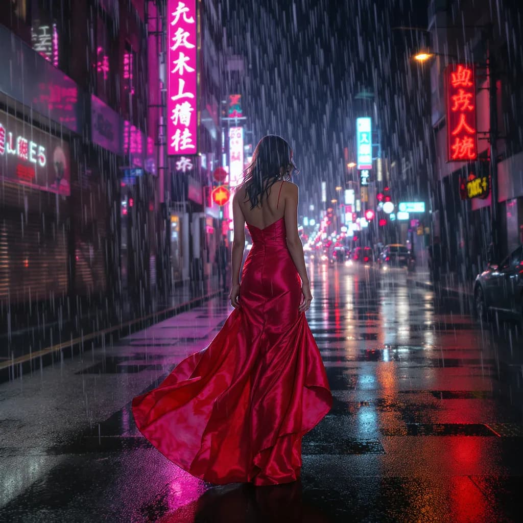 a woman in a crimson silk dress standing in city rain at night, neon on wet pavement, night street photography, neon, rain, grain, no text, no watermark, generated with Flux Pro Kontext on Knowlify